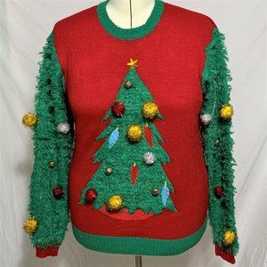 Ugly Christmas Sweater Fuzzy Tree Sleeves Bell Pompoms Green Red Mens Womens M